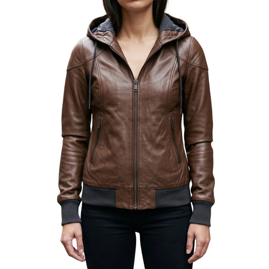 Hooded-Women's-Bomber-Brown-Leather-Jacket