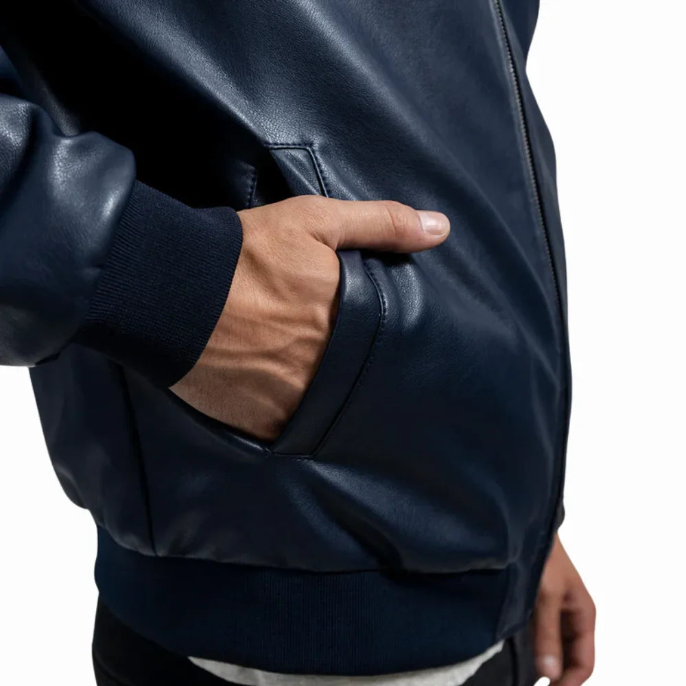 Men's Navy Blue Real Leather Bomber Jacket