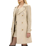 Women's Double Breasted Beige Lambskin Leather Trench Coat