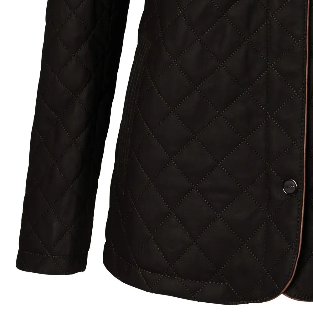 Leather-Brown-Quilted-Stand-Collar-Jacket-Women's-Open-Cuffs