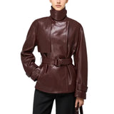 Leather-Burgundy-Belted-Short-Trench-Coat-Women's
