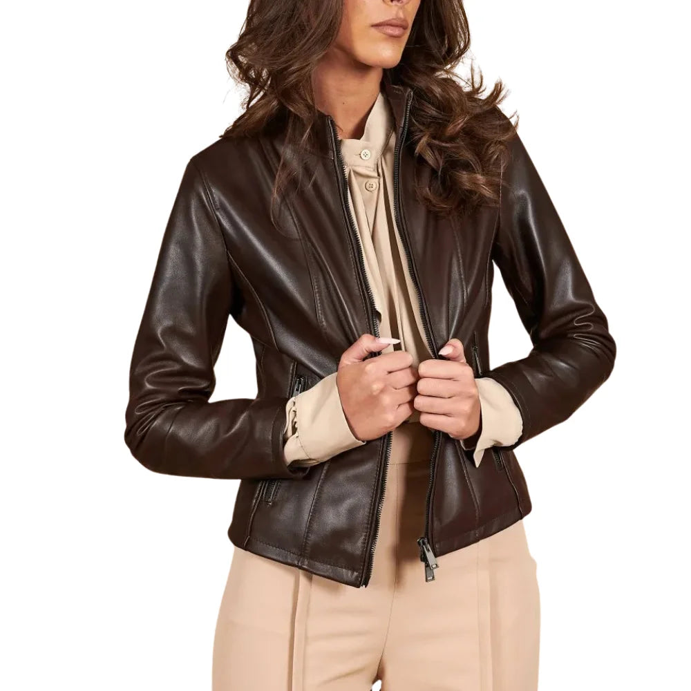 Leather-Dark-Brown-Jacket-Women's-Zipper-Closure