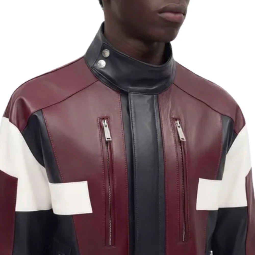 Leather-Men's-Maroon-Black-Cafe-Racer-Jacket