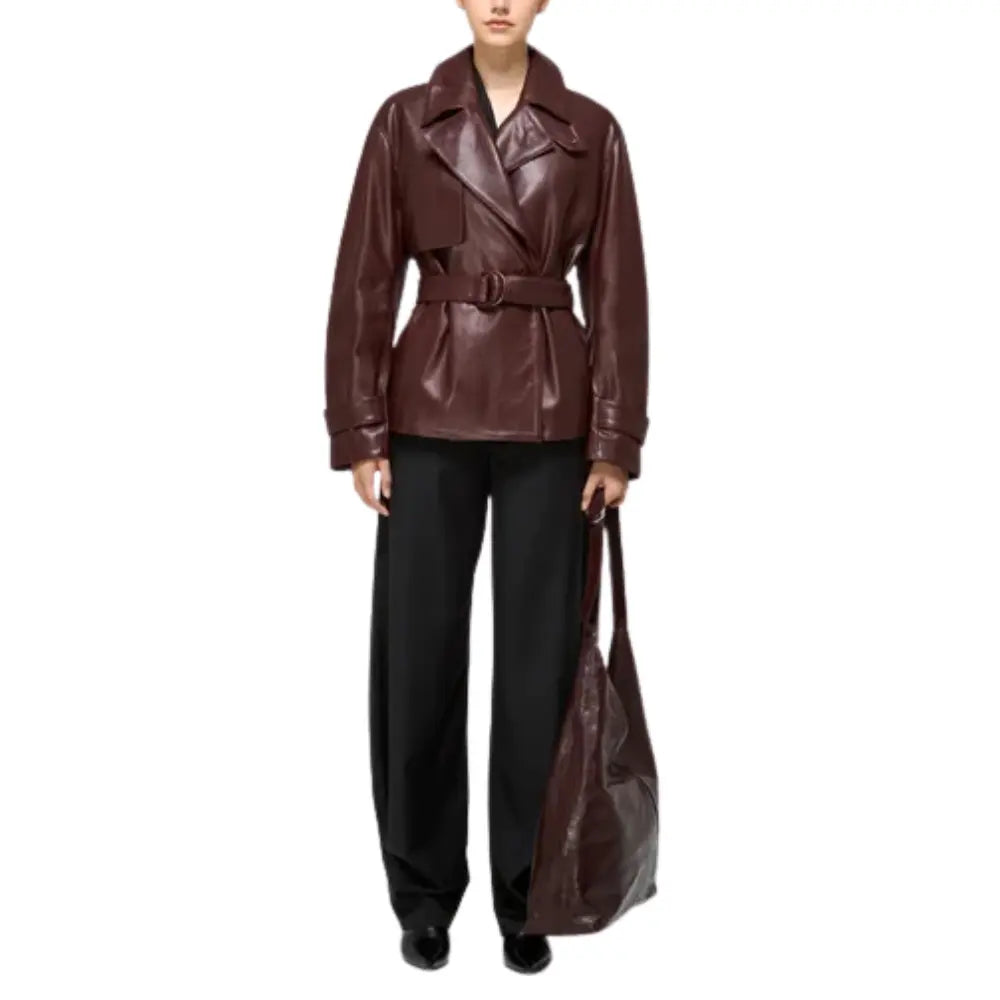 Leather-Women's-Burgundy-Belted-Short-Trench-Coat