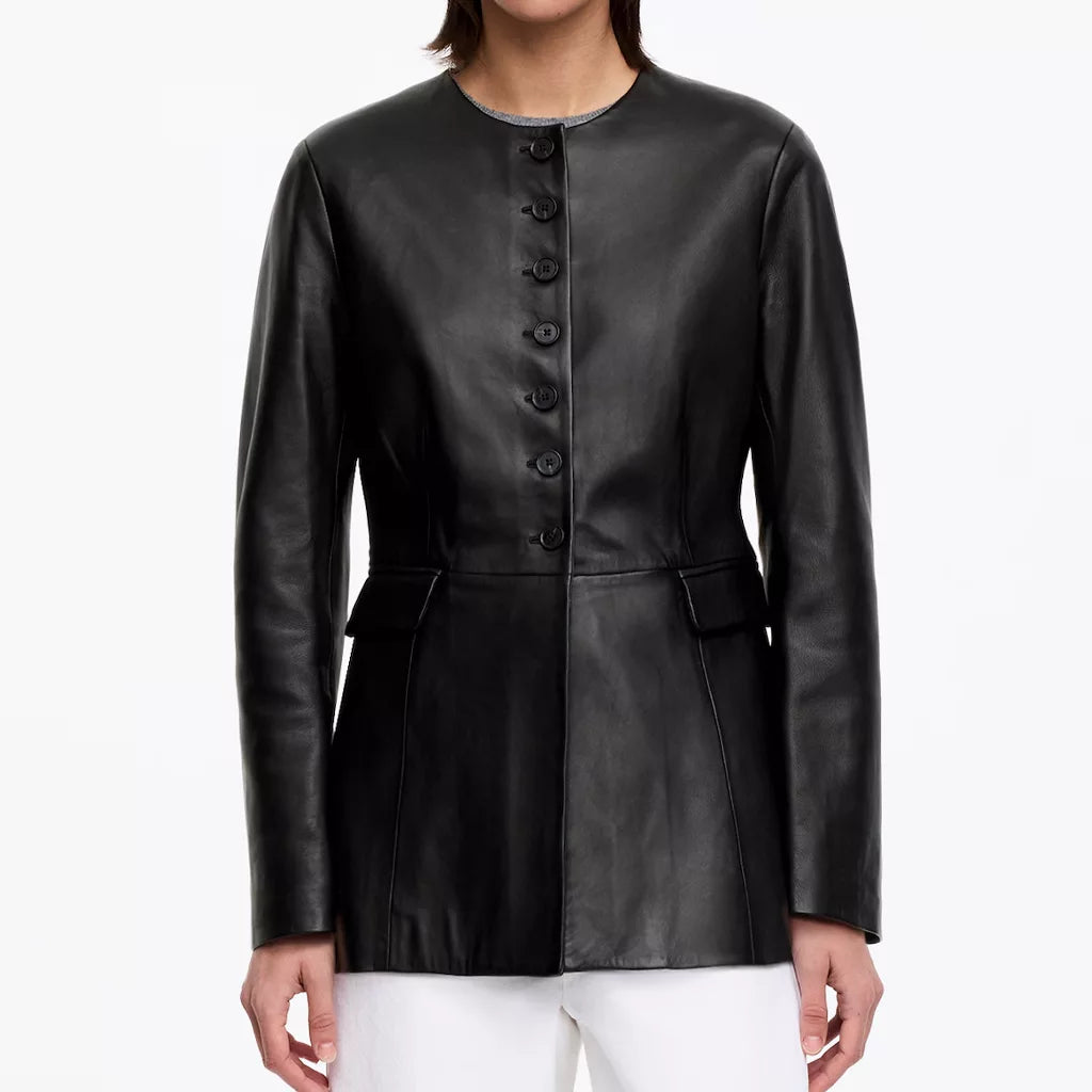 Button Front Women's Black Collarless Leather Jacket