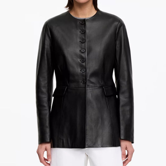 Button Front Women's Black Collarless Leather Jacket