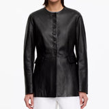 Button Front Women's Black Collarless Leather Jacket