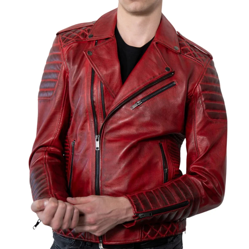 Red Real Leather Biker Jacket Men's with Quilted Details