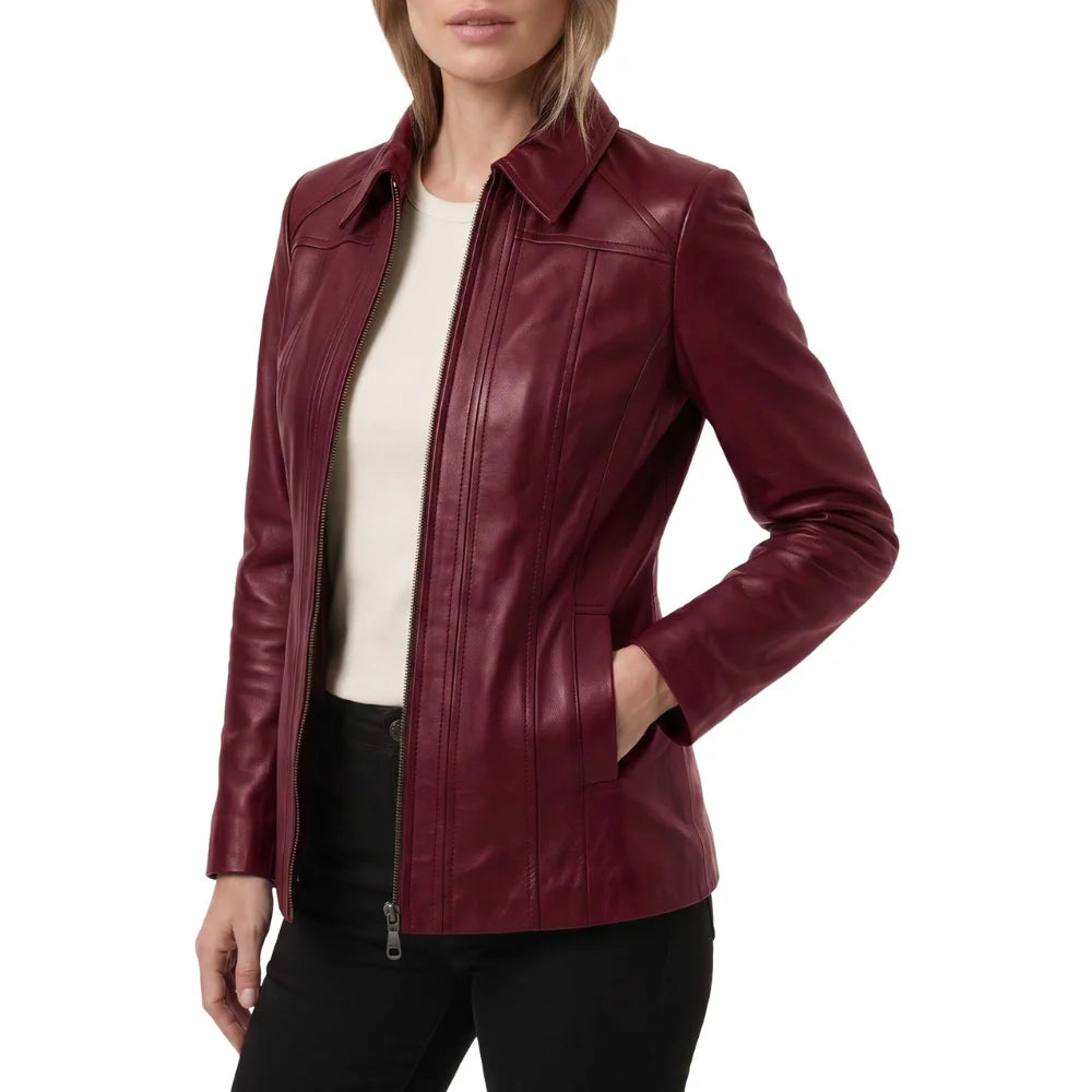 Maroon-Leather-Jacket -Women's