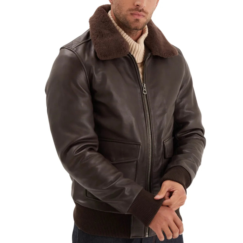 Maverick Vintage Brown Leather Bomber Jacket with Detachable Sherpa Collar