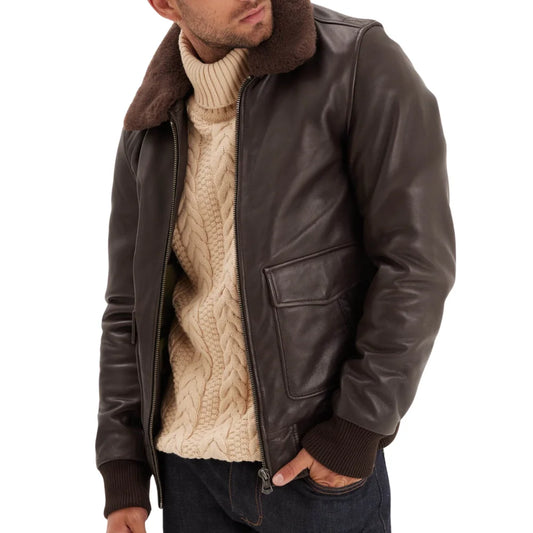 Maverick Vintage Brown Leather Bomber Jacket with Detachable Sherpa Collar
