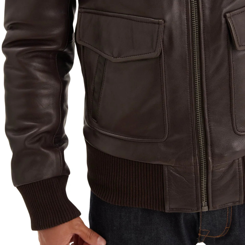 Maverick Vintage Brown Leather Bomber Jacket with Detachable Sherpa Collar