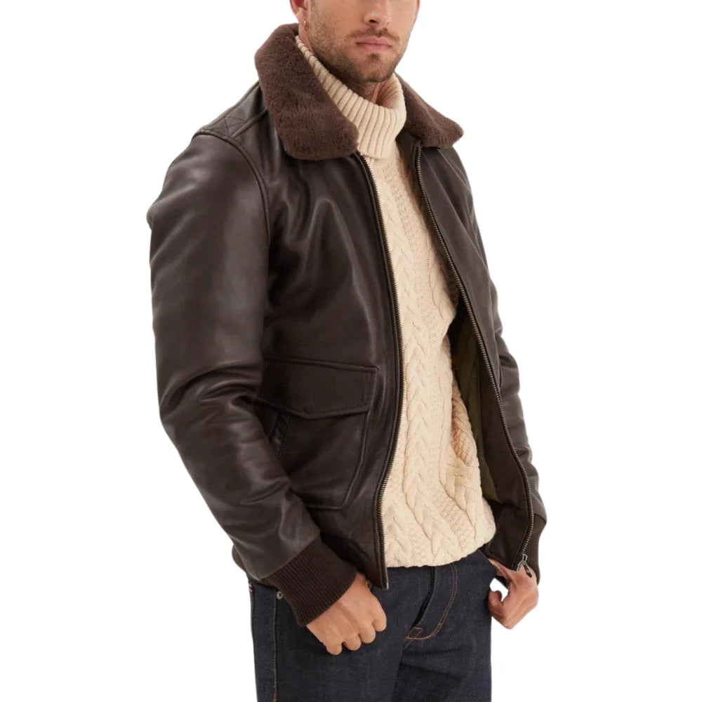 Maverick Vintage Brown Leather Bomber Jacket with Detachable Sherpa Collar