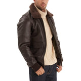 Maverick Vintage Brown Leather Bomber Jacket with Detachable Sherpa Collar