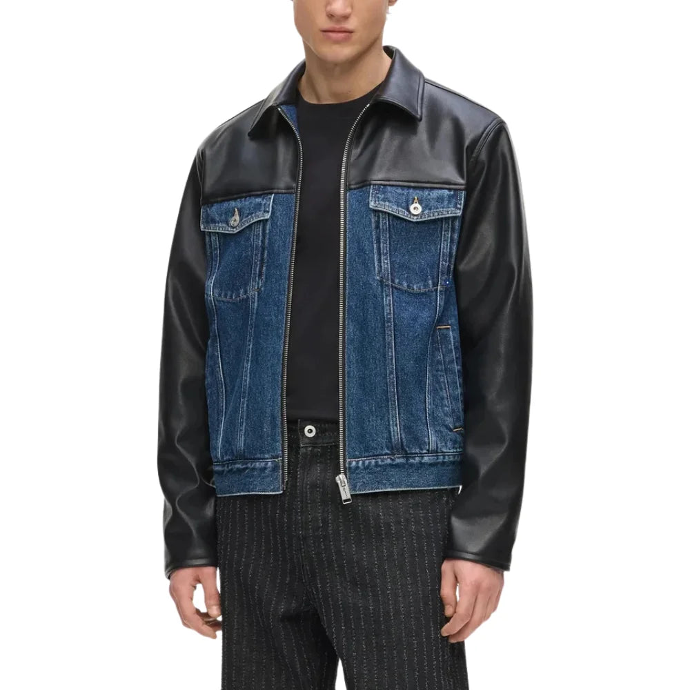 Men's-Black-Leather-Blue-Denim-Trucker-Jacket