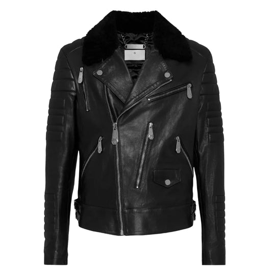 Men's-Black-Leather-Shearling-Collar-Biker-Jacket