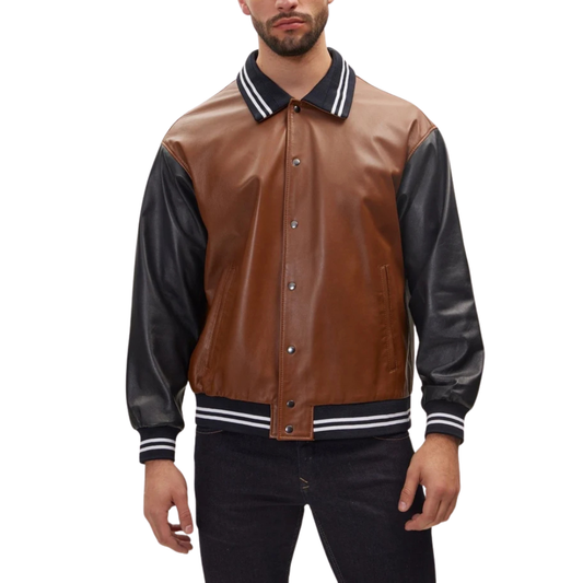 Men's-Brown-Black-Varsity-Leather-Jacket