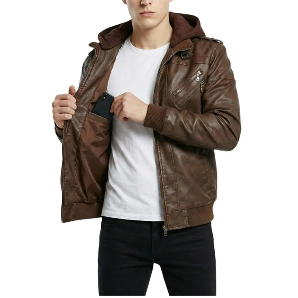 Men's-Brown-Hooded-Leather-Bomber-Jacket