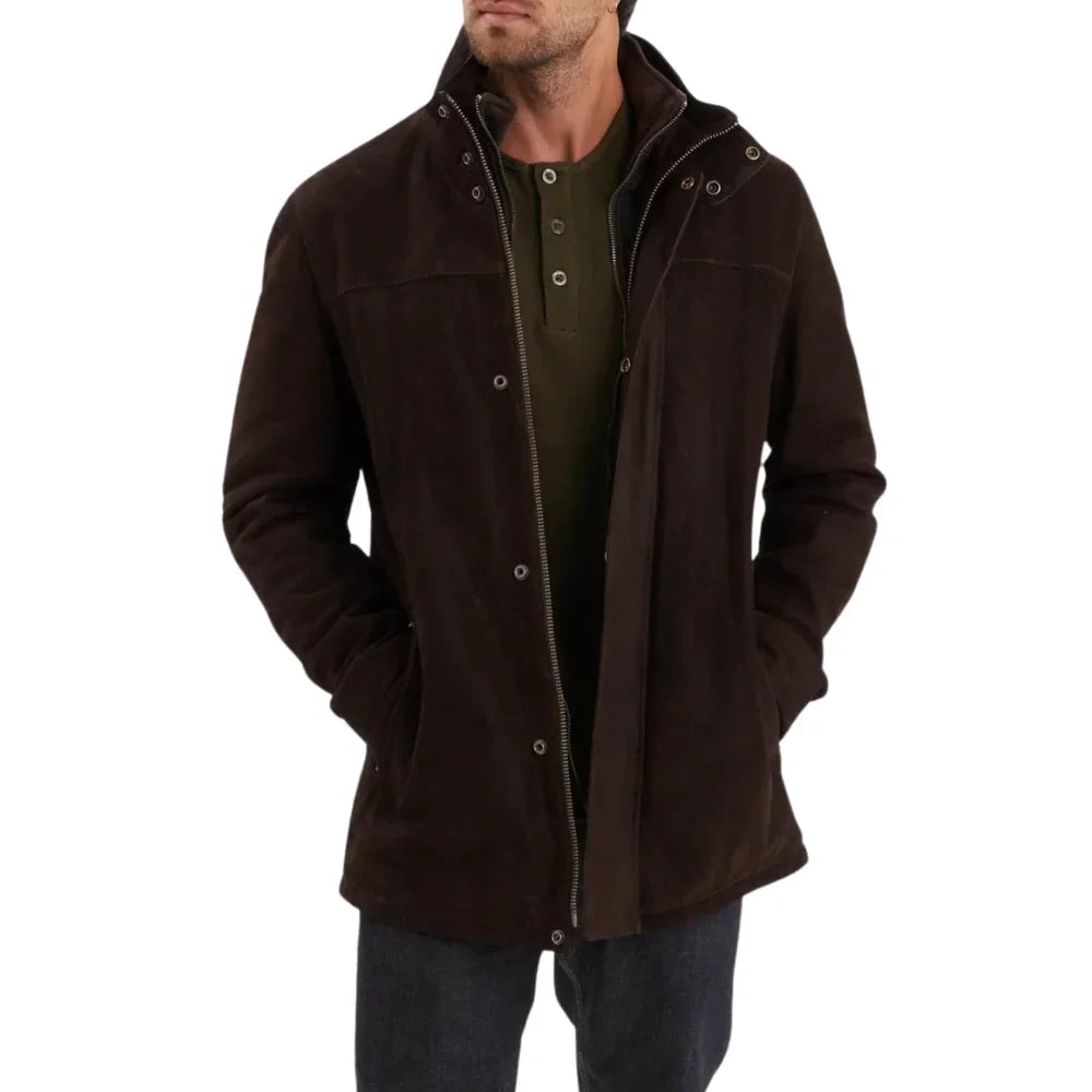 Men’s Cognac Nubuck Cowhide Leather Jacket with Snap Collar