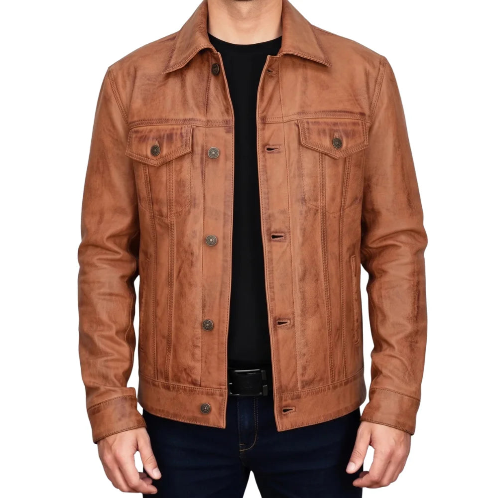 Men's-Cognac-Tan-Leather-Trucker-Jacket