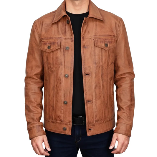 Men's-Cognac-Tan-Leather-Trucker-Jacket