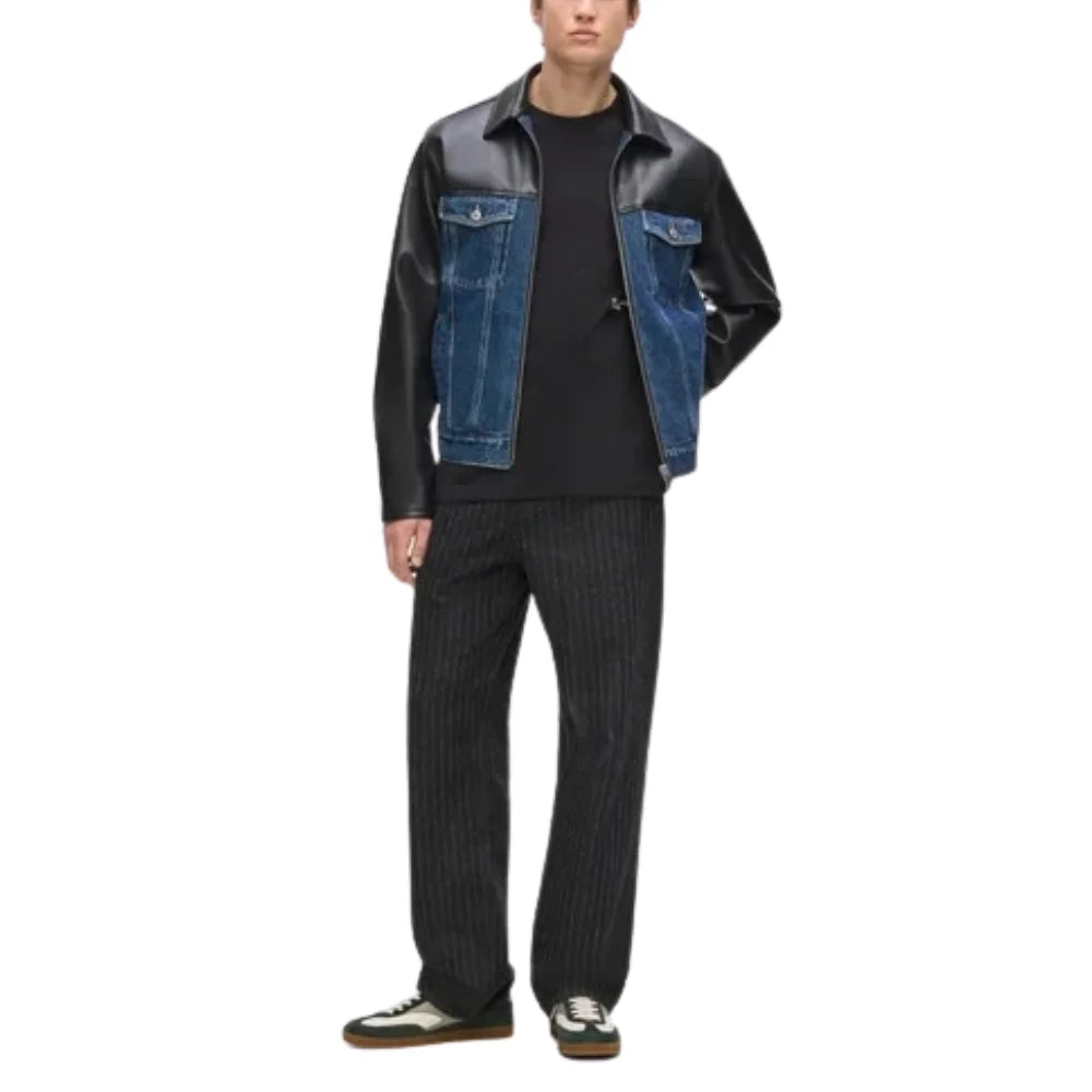 Men's-Leather-Black-Blue-Denim-Trucker-Jacket