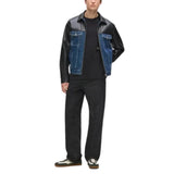 Men's-Leather-Black-Blue-Denim-Trucker-Jacket