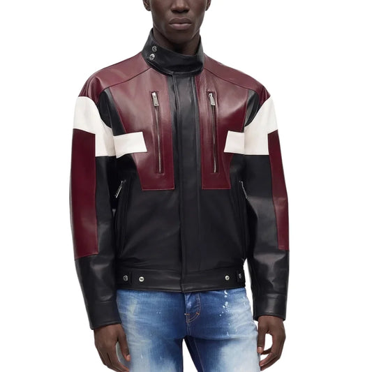Men's-Maroon-Black-Leather-Cafe-Racer-Jacket