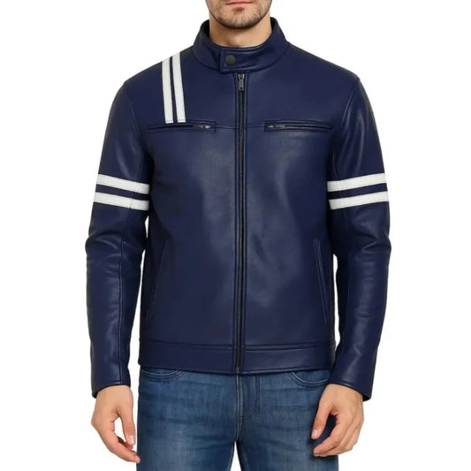 Men's-Navy-Blue-Leather-Racing-Jacket-With-Striped-Sleeves-Details