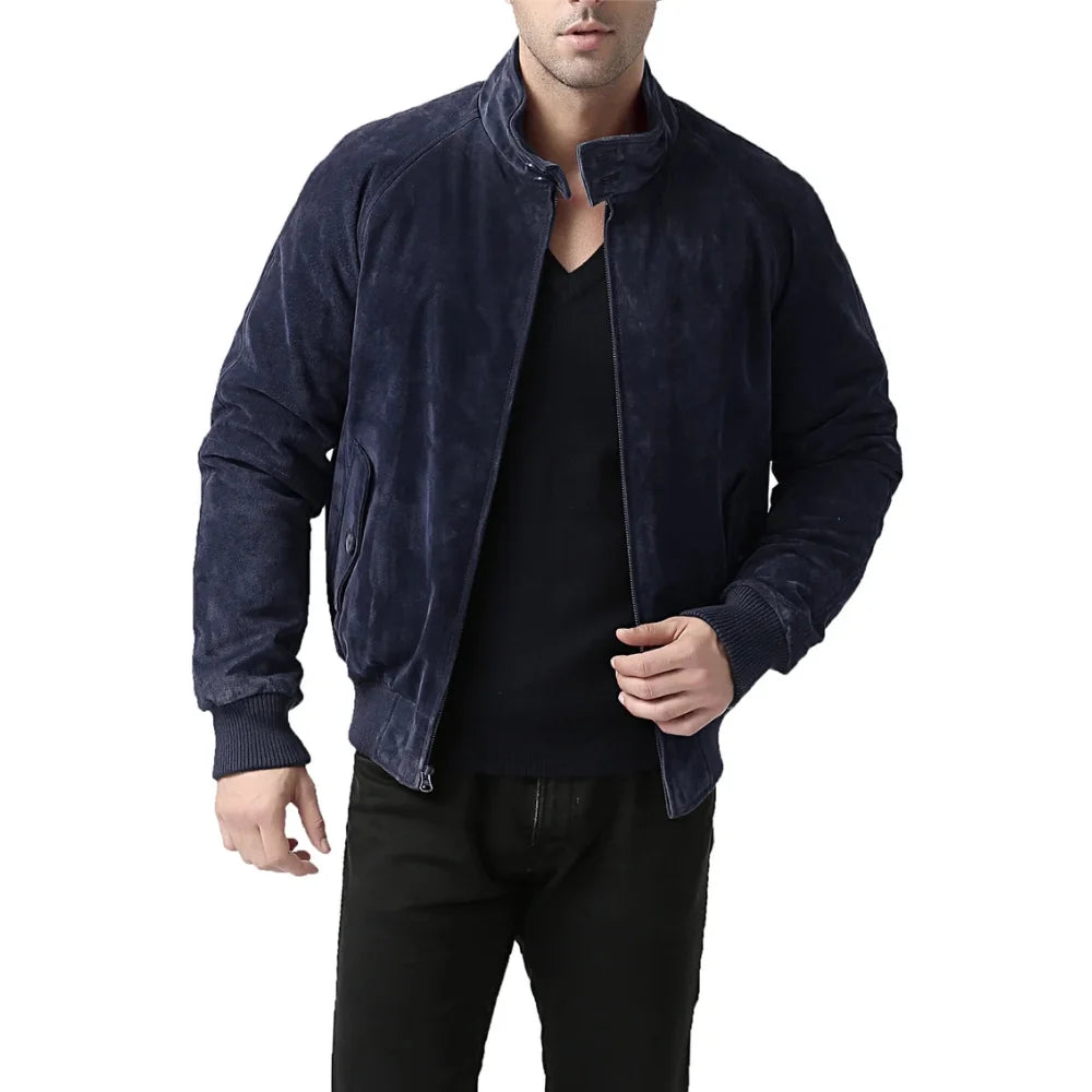 Men's-Prussian-Blue-Suede-Bomber-Jacket