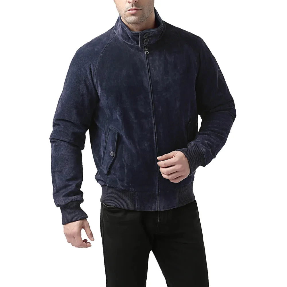 Men's-Prussian-Blue-suede--Bomber-Jacket-Stand-Collar