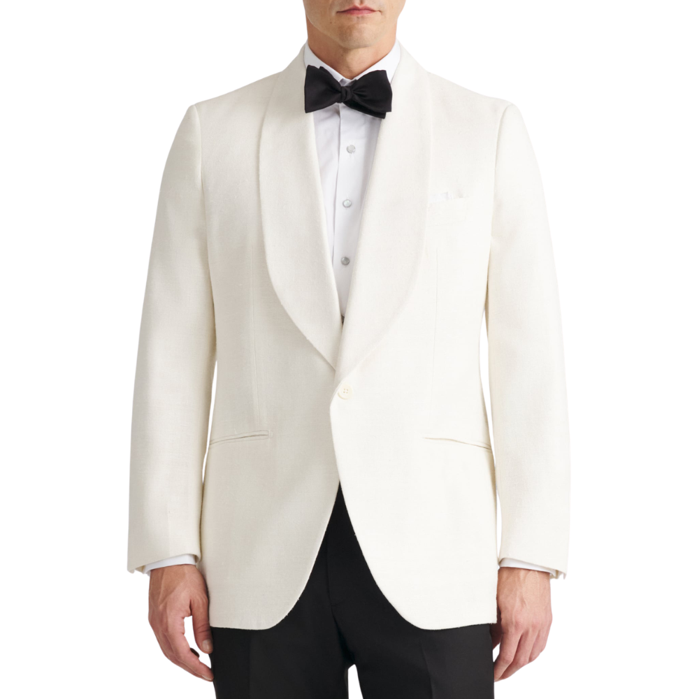 Men’s ivory Matka silk shawl lapel dinner jacket front view