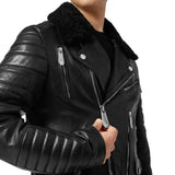 Men's-Shearling-Collar-Leather-Black-Biker-Jacket