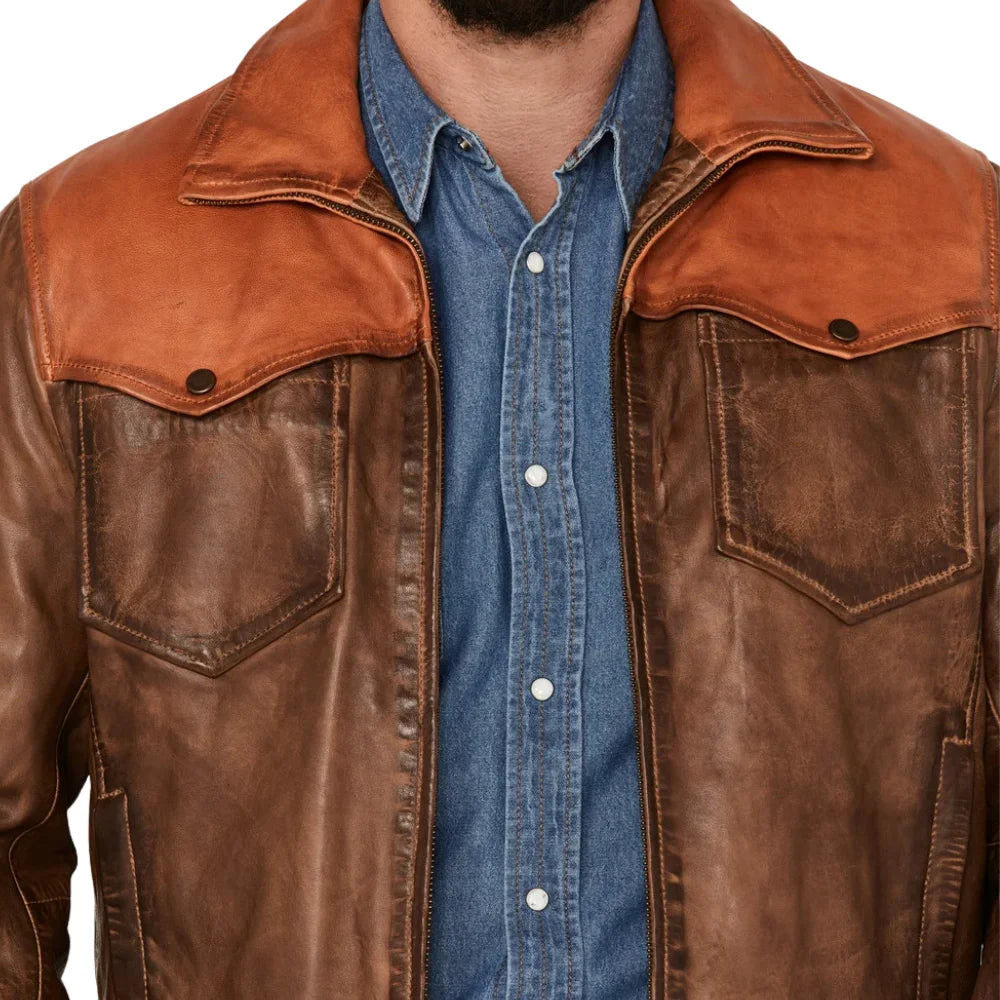 Men’s Cognac and Brown Vintage Leather Trucker Jacket