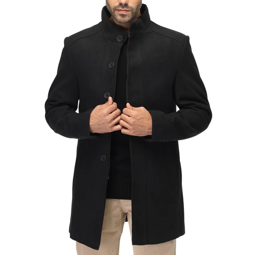 Men’s Black Stand Collar Wool Blend Winter Coat