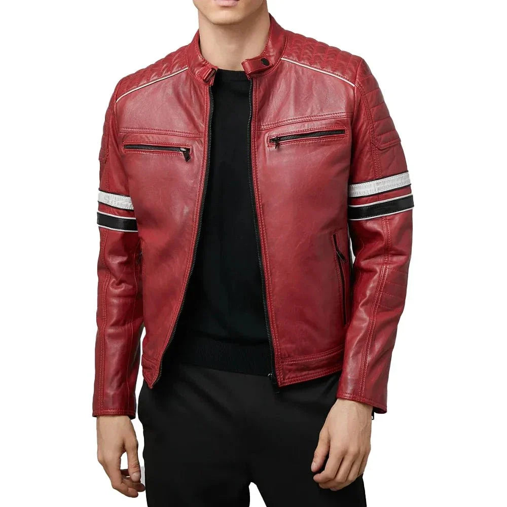 Red Ripped Jacket Madrid Mens Quilted Red Leather Racing Jacket with Stripes – Trendy Jacket