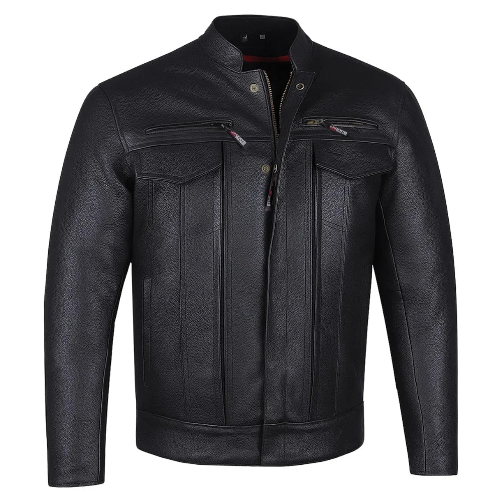 Men's Buffalo Leather Black Motorcycle Jacket with Removable CE Armor - Trendy Jacket