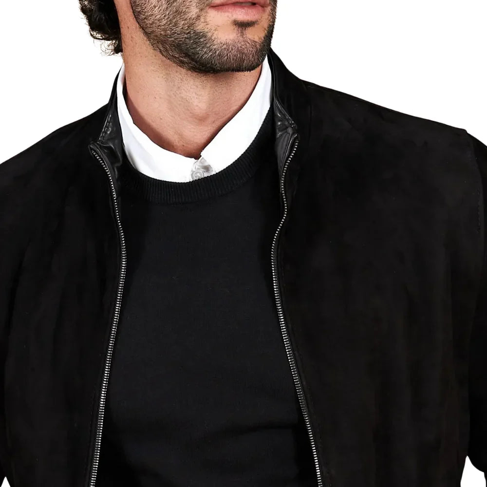 Mens Sheepskin Black Suede Leather Bomber Jacket