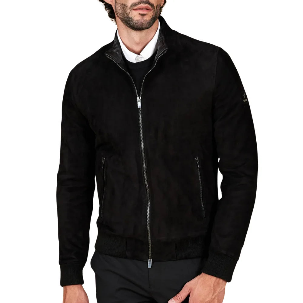 Men's Suede Leather Black Bomber Jacket
