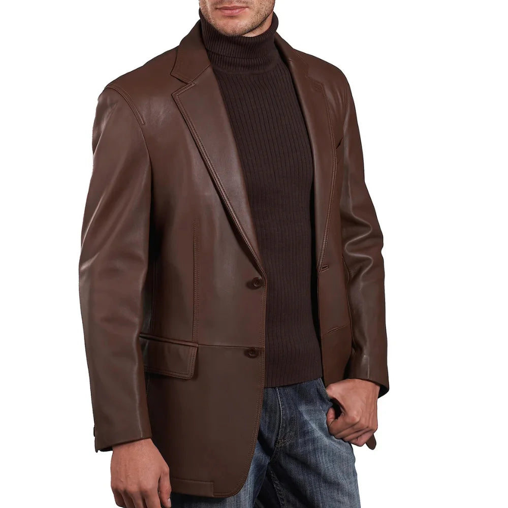 Mens Two Button Notch Lapel Cognac Waxed Leather Blazer