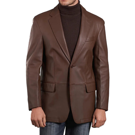 Mens Two Button Notch Lapel Cognac Waxed Leather Blazer