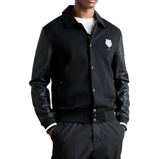 Mens Black Regular Fit Zip Up Sweatshirt with Leather Sleeves