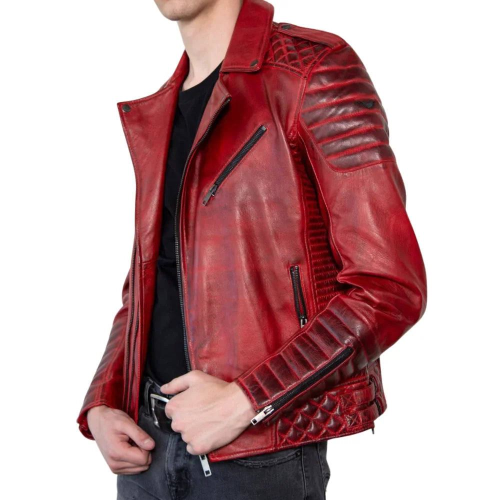 Red Real Leather Biker Jacket Men's with Quilted Details