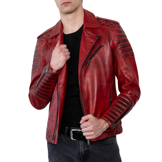 Red Real Leather Biker Jacket Men's with Quilted Details