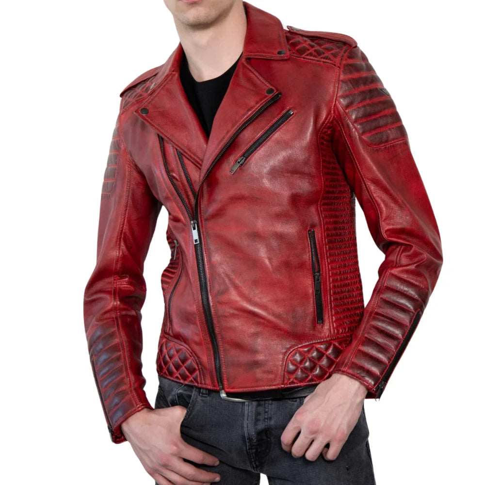 Red Real Leather Biker Jacket Men's with Quilted Details