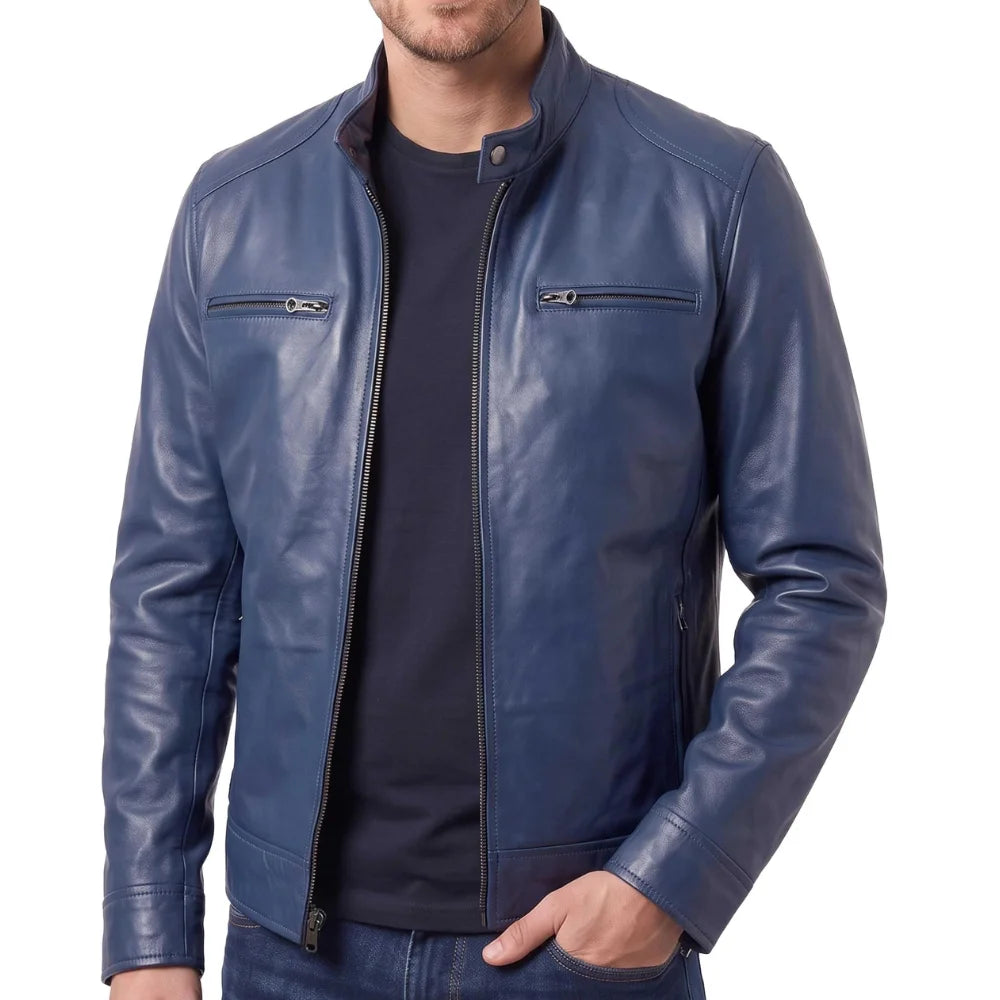 Navy-Blue-Leather-Cafe-Racer-Jacket -Men's