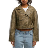 Women’s Olive Green Cropped Leather Biker Jacket