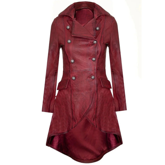 Red-Women's-Double-Breasted-Leather-Trench-Coat