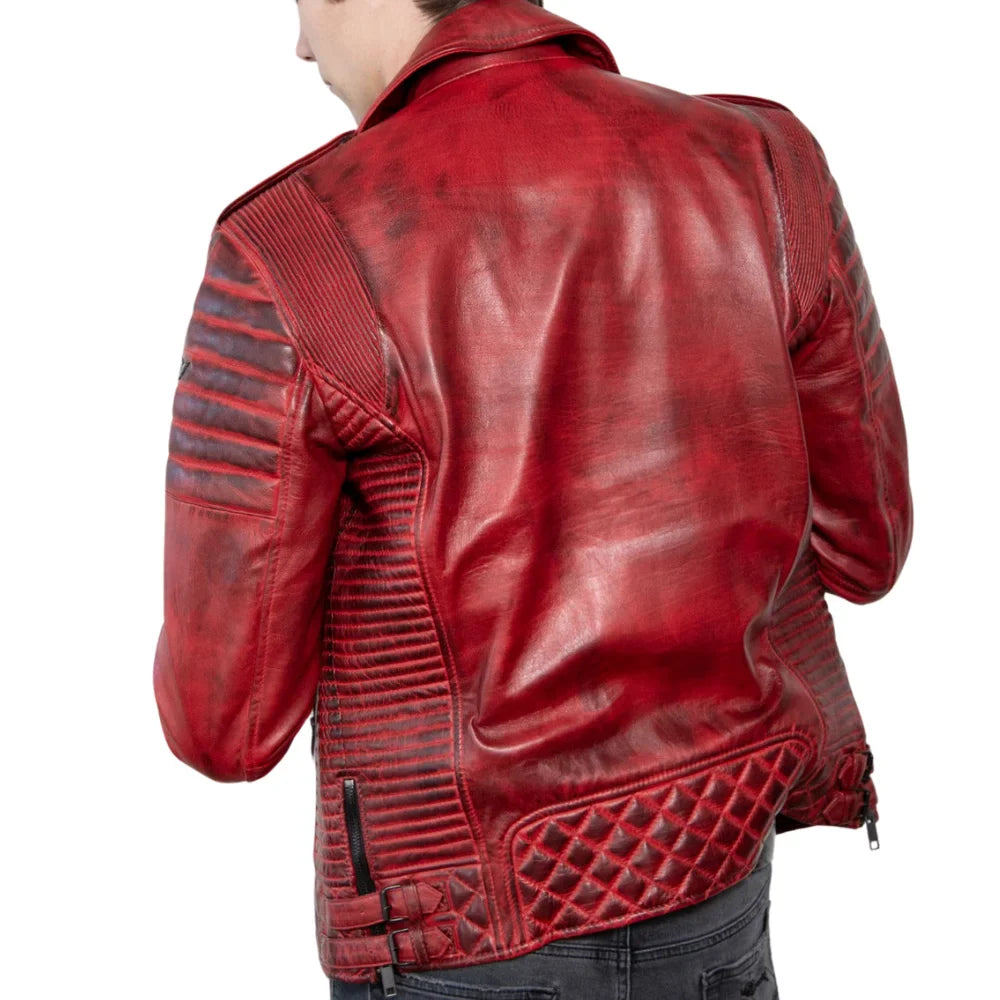 Red Real Leather Biker Jacket Men's with Quilted Details