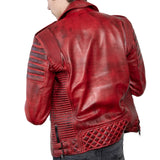 Red Real Leather Biker Jacket Men's with Quilted Details